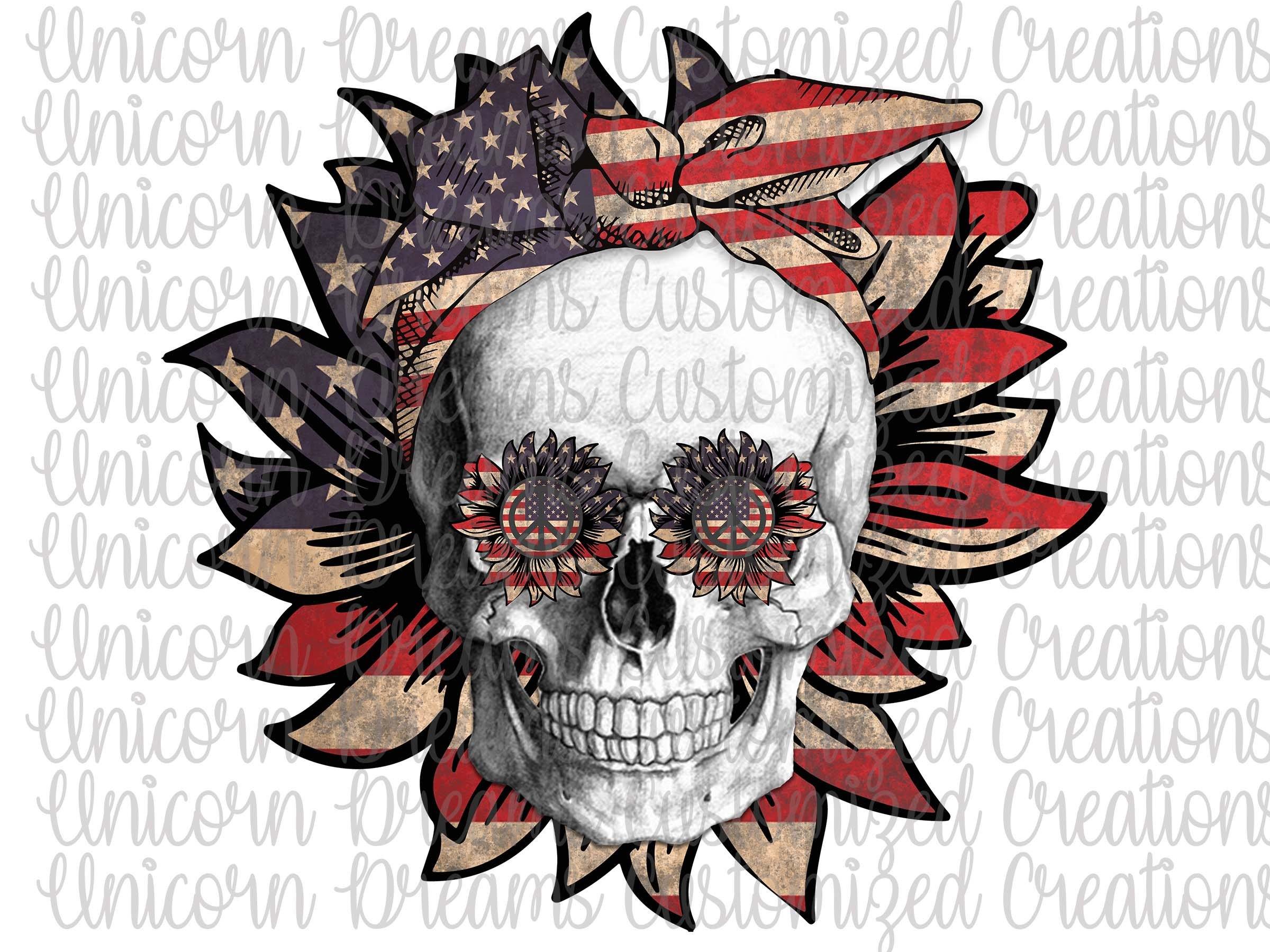 Patriotic Sunflower Skull PNG Digital Download, Sublimation Design - Unicorn Dreams Customized Creations